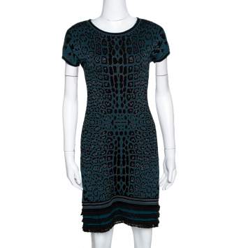 Pre Owned Roberto Cavalli Teal Animal Pattern Jacquard Ruffle Hem Dress M