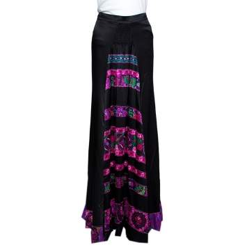 Pre Owned Roberto Cavalli Black Silk Satin Floral Trim Fit & Flare Maxi Skirt M