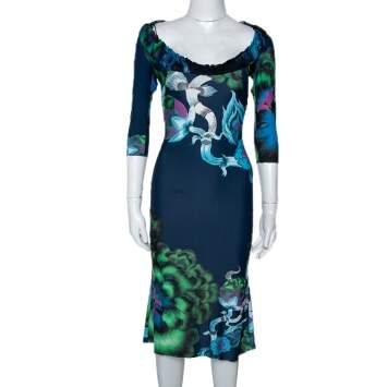 Pre Owned Roberto Cavalli Multicolor Floral Printed Jersey Ruffled Neckline Midi Dress S