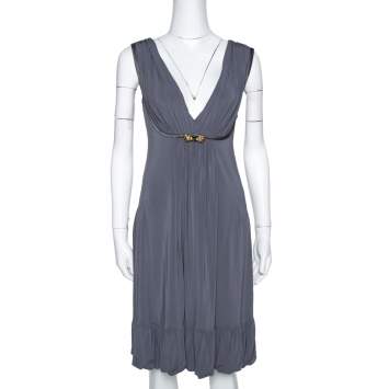 Pre Owned Roberto Cavalli Grey Draped Jersey Brooch Detail Short Dress S