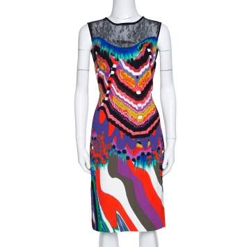 Pre Owned Roberto Cavalli Multicolor Abstract Printed Stretch Crepe Lace Panel Shift Dress M