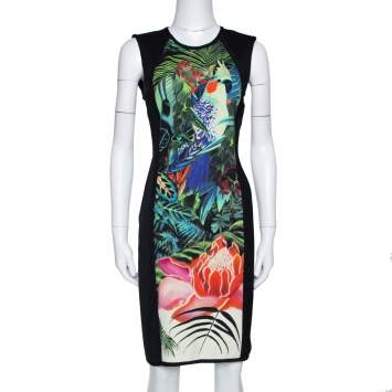 Pre Owned Roberto Cavalli Multicolor Tropical Print Stretch Knit Bodycon Dress M 