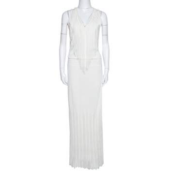 Pre Owned Roberto Cavalli Off White Knit Fringed Sleeveless Maxi Dress M