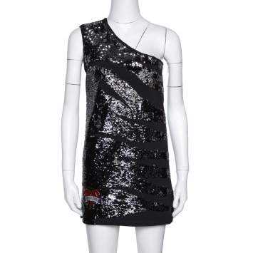Pre Owned Roberto Cavalli Black Knit Sequined One Shoulder Mini Dress S