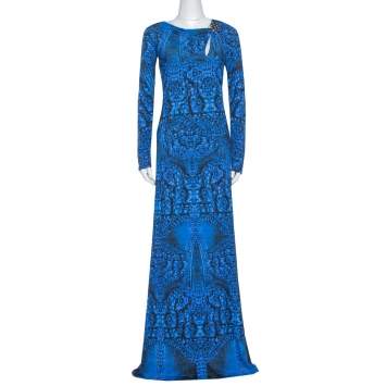 Pre Owned Roberto Cavalli Blue Printed Jersey Brooch Detail Maxi Dress M