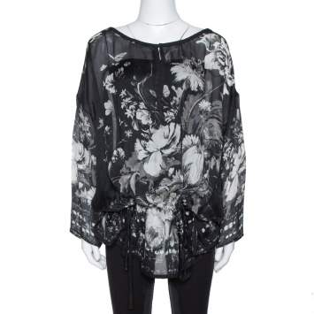 Pre Owned Roberto Cavalli Black Floral Print Silk Sheer Kaftan Blouse S