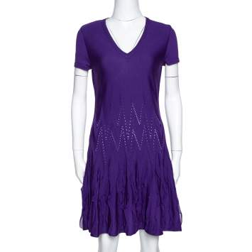 Pre Owned Roberto Cavalli Purple Textured Wool Knit Fit & Flare Dress M