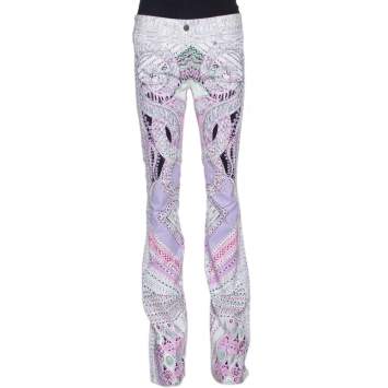 Pre Owned Roberto Cavalli White & Purple Snake Print Denim Flared Jeans M