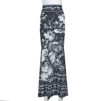مملوكة مسبقًا Roberto Cavalli Monochrome Floral Print Jersey Chain Detail Maxi Skirt L