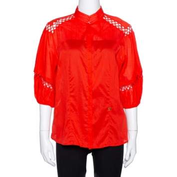 Pre Owned Roberto Cavalli Red Cotton Eyelet Lace Detail Blouse M