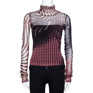 Pre Owned Roberto Cavalli Black Houndstooth Print Knit Turtle Neck Top L