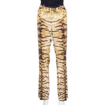 Pre Owned Roberto Cavalli Brown Leopard Print Stretch Silk Straight Leg Pants L