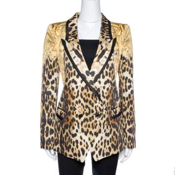 Pre Owned Roberto Cavalli Brown Animal & Eagle Print Silk Double Breasted Blazer L