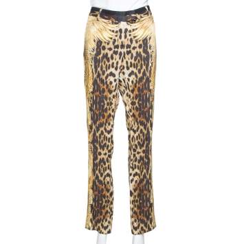 Pre Owned Roberto Cavalli Brown Leopard & Wings Print Silk Straight Leg Pants L