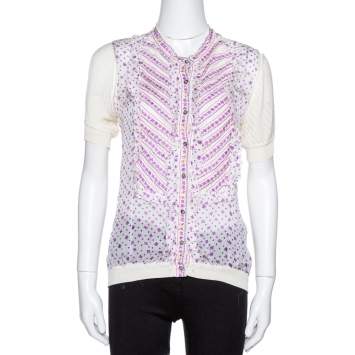 Pre Owned Roberto Cavalli White Floral Print Silk & Knit Embellished Ruffled Top M