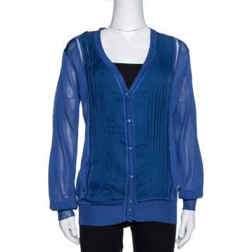 Pre Owned Roberto Cavalli Midnight Blue Silk Knit Pleated Cardigan M