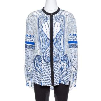 Pre Owned Roberto Cavalli Blue Printed Silk Long Sleeve Blouse L