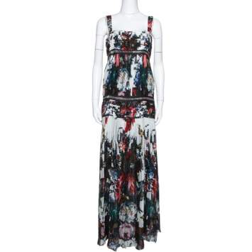 Pre Owned Roberto Cavalli Multicolor Floral Printed Silk Chain Embellished Pleated Maxi Dress M