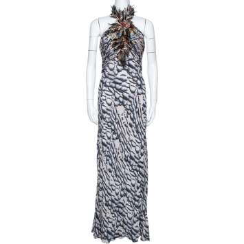 مملوكة مسبقًا Roberto Cavalli Dark Blue Printed Silk Feather Detail Halter Neck Dress M