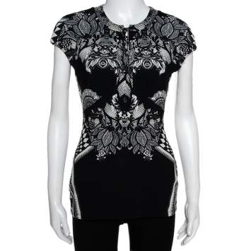 Pre Owned Roberto Cavalli Monochrome Abstract Paisley Printed Jersey Top M