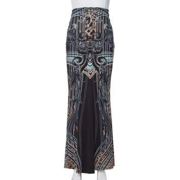 مملوكة مسبقًا Roberto Cavalli Black Printed Jersey Fit & Flare Maxi Skirt L