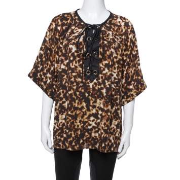 Pre Owned Roberto Cavalli Brown Printed Silk Crepe Tie Front Blouse L