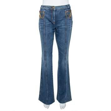 Pre Owned Roberto Cavalli Indigo Distressed Denim Chain Detail Flared Jeans M