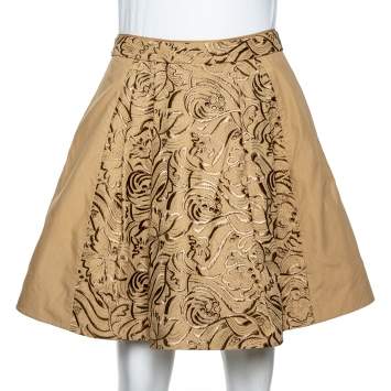 Pre Owned Roberto Cavalli Beige Embroidered Cotton Pleated Mini Skirt S