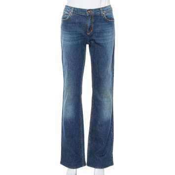 Pre Owned Roberto Cavalli Blue Denim Flock Pocket Straight Leg Jeans L