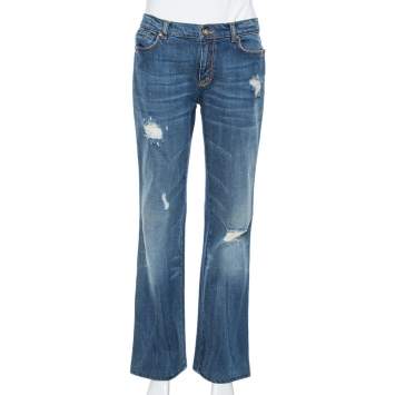 مملوكة مسبقًا Roberto Cavalli Blue Distressed Denim Logo Embellished Jeans L