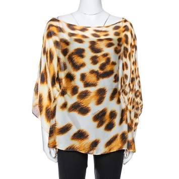 Pre Owned Roberto Cavalli Cream Animal Print Silk Sheer Kaftan Blouse L