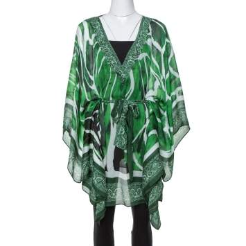Pre Owned Roberto Cavalli Green Paisley Print Silk Belted Kaftan Top M