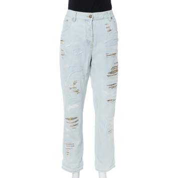 مملوكة مسبقًا Roberto Cavalli Light Blue Distressed Denim Patch Detail Jeans L