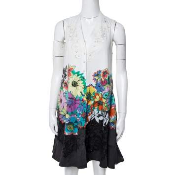 Pre Owned Roberto Cavalli White Floral Print Cotton Embroidered Flared Dress S