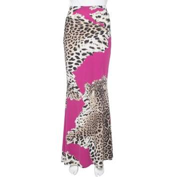 Pre Owned Roberto Cavalli  Magenta Animal Print Jersey Maxi Skirt L