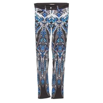 Pre Owned Roberto Cavalli Blue Cotton Printed Flared Bottom Jeans S