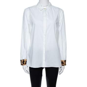Pre Owned Roberto Cavalli White Cotton Animal Print Detail Lining Long Sleeve Shirt L