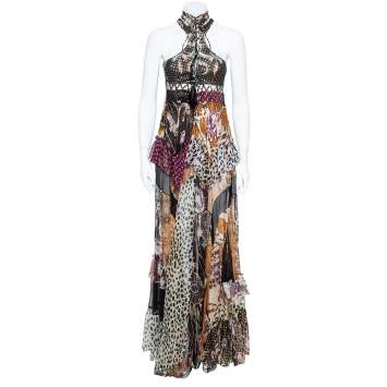 Pre Owned Roberto Cavalli Multicolor Printed Patch Ruffle Tier Maxi Dress M