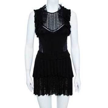 مملوكة مسبقًا Roberto Cavalli Black Lace Detail Ruffled Sleeveless Dress S