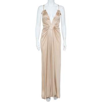 مملوكة مسبقًا Roberto Cavalli Champagne Cream Knit Plunge Neck Gown M