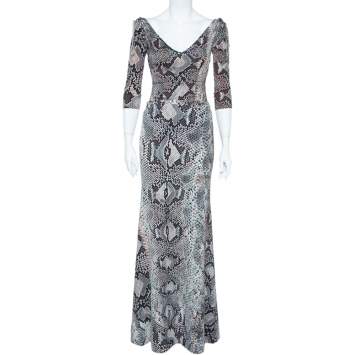 Pre Owned Roberto Cavalli Multicolor Snake Print Stretch Knit Top and Skirt Set S/M