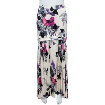 Pre Owned Roberto Cavalli Cream Floral Print Silk Satin Maxi Skirt S