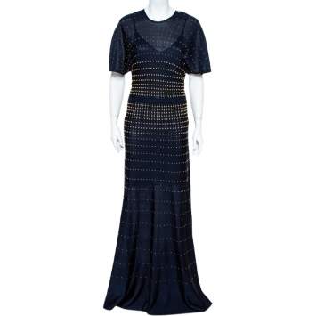 مملوكة مسبقًا Roberto Cavalli Navy Blue Pointelle Knit Studded Maxi Dress M