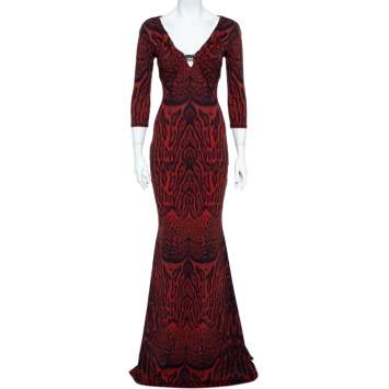 مملوكة مسبقًا Roberto Cavalli Red Leopard Print Jersey Fitted Maxi Dress M