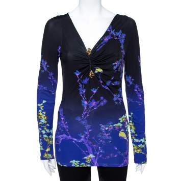 Pre Owned Roberto Cavalli Purple Floral Print Jersey Ruched Top M