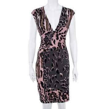 Pre Owned Roberto Cavalli Grey and Pink Ruched Animal Print Dress M