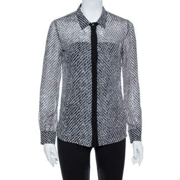 Pre Owned Roberto Cavalli Monochrome Silk Long Sleeve Sheer Blouse S