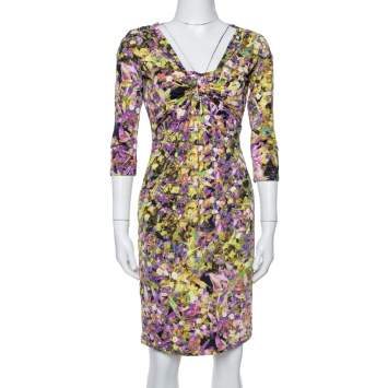 Pre Owned Roberto Cavalli Multicolor Printed Jersey Brooch Detail Dress M
