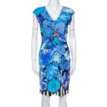 Pre Owned Roberto Cavalli Blue Floral Print Jersey Brooch Detail Dress M