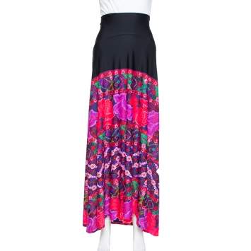 Pre Owned Roberto Cavalli Black Floral Printed Knit Maxi High Waist Skirt L